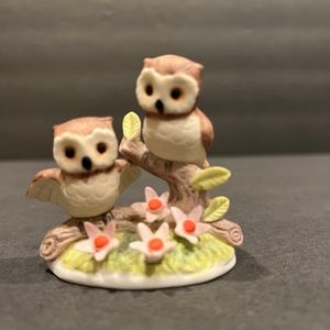 Vintage George Good Owl Pair On Branch With Flowers Figurine Miniature